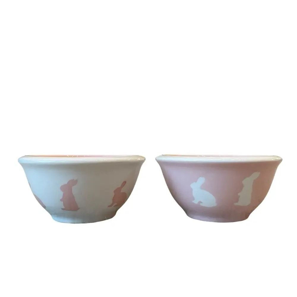 TERRAMOTO CERAMIC Pink & White Bunny Tidbit Bowls Set of 2 Easter Decor New
